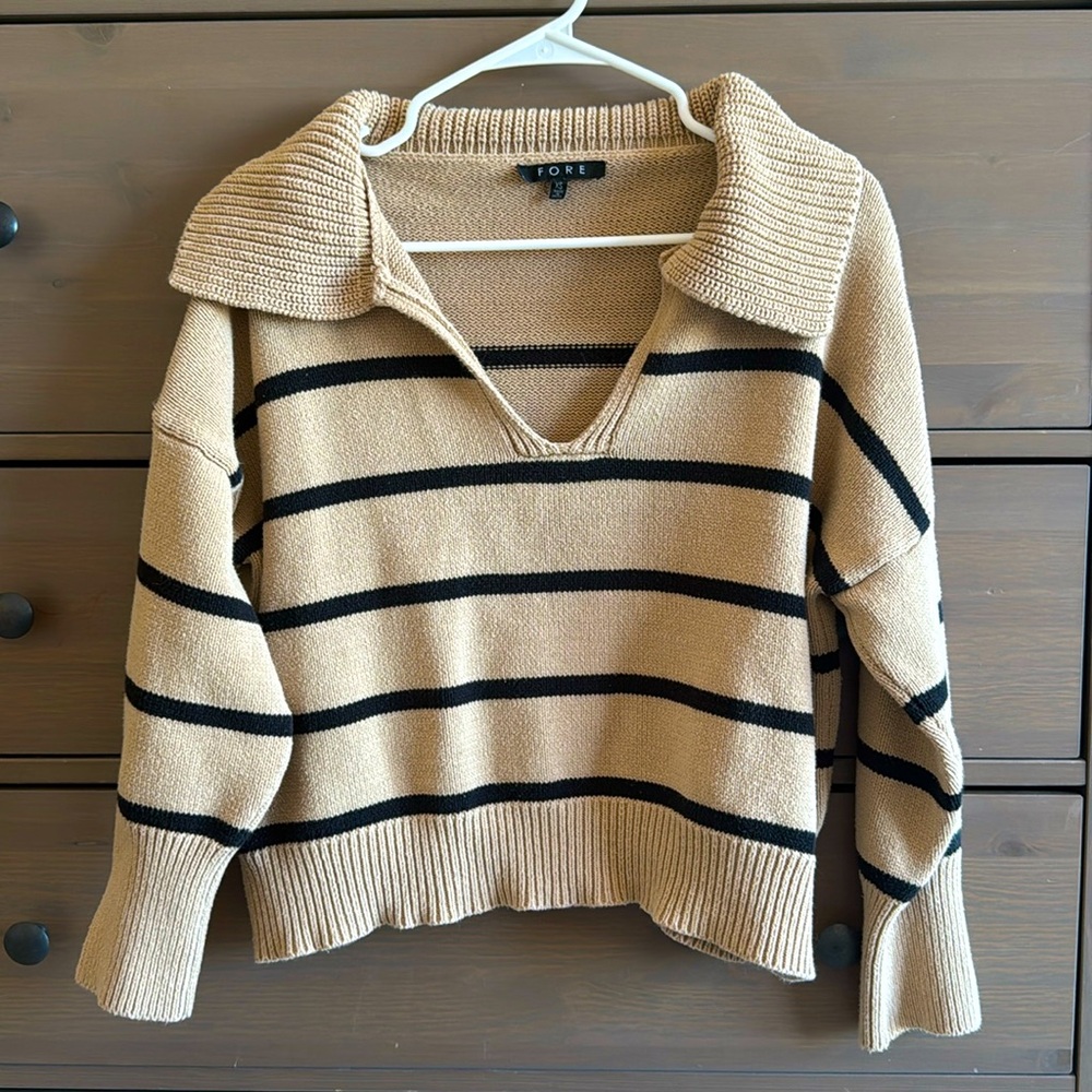 Vici size XS sweater. Tan with black stripes and large collar.